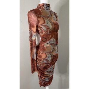 AKIRA Marble Mesh Mock Neck Ruched Cutout Bodycon Midi Dress Desert Hues S
